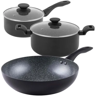 Image of Progress COMBO 8964 Marble Ceramic Pan Set 3 Piece with 20 cm Saucepan, 24 Stockpot, 28 Stir Fry Pan, Healthy Non Stick Coating, PFAS Free, Induction, Lightweight Aluminium Cookware