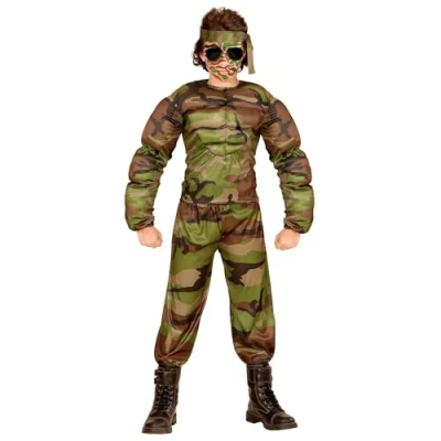 Image of Widmann 00518 Soldier Children&#039;s Costume Muscular Muscle Shirt, Trousers and Headband, Green