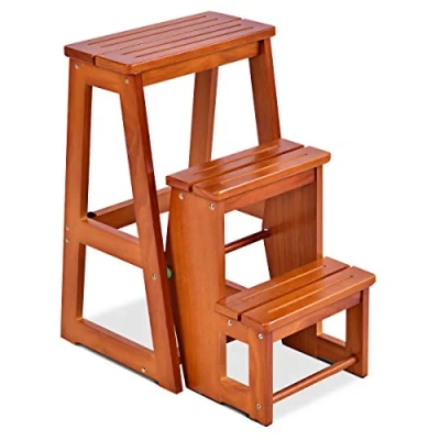 Image of Maxmass 3 Tier Step Stool, Folding Ladder Foot Stools Flower Shelf Portable Wooden Stepladder for Kids Adults, Max Weight 150kg (Brown)