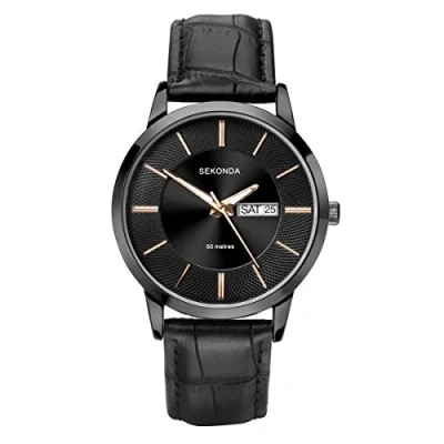 Image of Sekonda Mens Quartz Watch with Dark Grey Dial, Analogue Display and Black Leather Strap 1814
