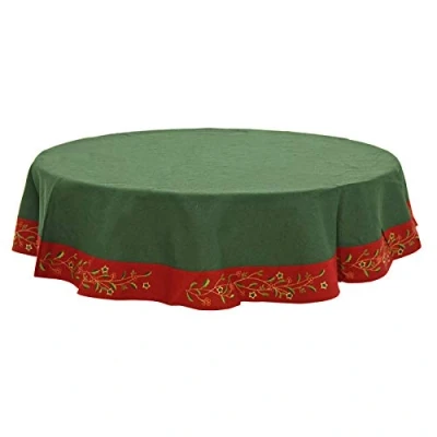 Image of Mr Crimbo 70&quot; Round Christmas Tablecloth Green Red Holly Polyester Fabric