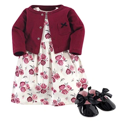 Image of Hudson Baby Girls Dress, Cardigan, Shoe Casual, Rose 3 Piece Set, 9 12 Months