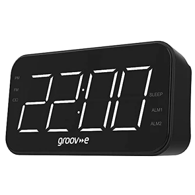 Image of groov e Curve Radio Rechargeable Digital FM Alarm Clock with LCD Display, Dual Setting, &amp; Dimmer Function Battery or USB C Powered Portable 20 Preset Stations