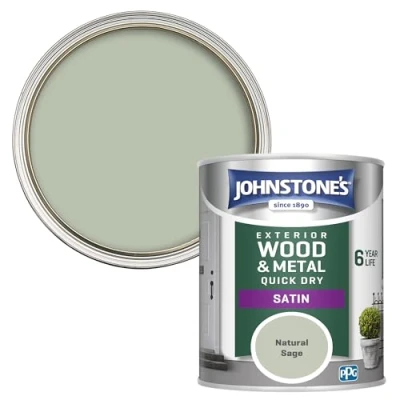 Image of Johnstone&#039;s Quick Dry Satin Natural Sage Finish Exterior Wood &amp; Metal Resistant to cracking peeling 6 years of life 12m2 Coverage per Litre 750 ml (Pack 1)