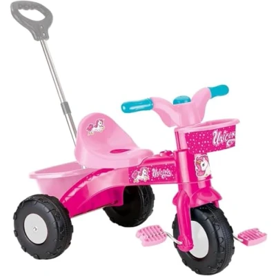 Image of DOLU Unicorn Themed Kids My First Ride On Trike Pink Pedal Operated with Baskets for Toys Includes Parent Handle, Ideal Children Ages 24 Months and Up