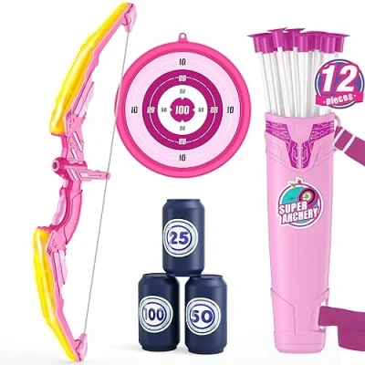 Image of HYES Bow and Arrow for Kids, LED Light Up Archery Set with 12 Suction Cup Arrows, 1 Hanging Target, 3 Score Targets, Quiver, Indoor Outdoor Sport Gifts Boys Girls Ages 4 12, Yellow