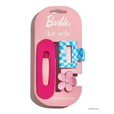Image of Kitsch x Barbie Medium Open Shape Hair Claw Clips Stylish Accessories for Thick Includes Cute Flower &amp; Big Matte Teen Girls Set of 3