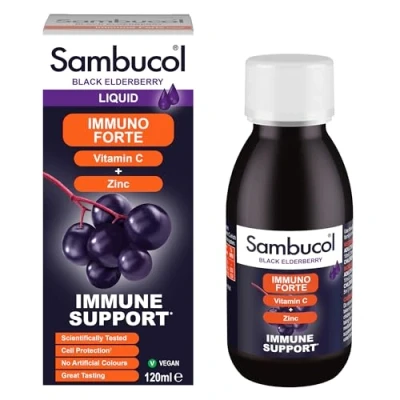 Image of Sambucol Natural Black Elderberry Immuno Forte, Vitamin C, Zinc, Immune Support Supplement Liquid, Syrup, 120 ml (Pack of 1)