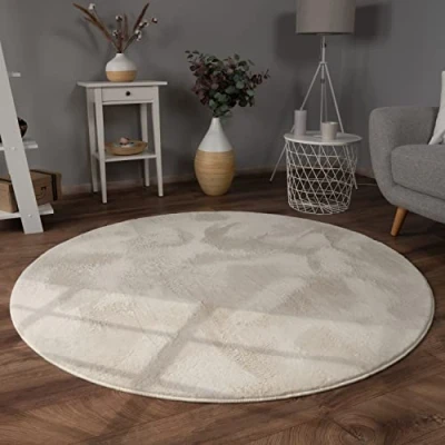 Image of Paco Home Large Rug Faux Fur Fluffy Shaggy High Pile Soft Washable, Size:80 cm round, Colour:Cream