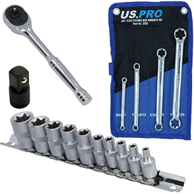 Image of Female Torx E Sockets E4 E18 + Spanners E6 E24 1/4&quot; Drive Ratchet Step Up