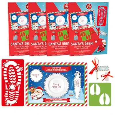 Image of Christmas Jingle Santa&#039;s Been Decorations Kit x4 Pack with Fake Snow, Santa Claus Footprint Stencil, Rudolph Magic Key and Mince Pie Placemat