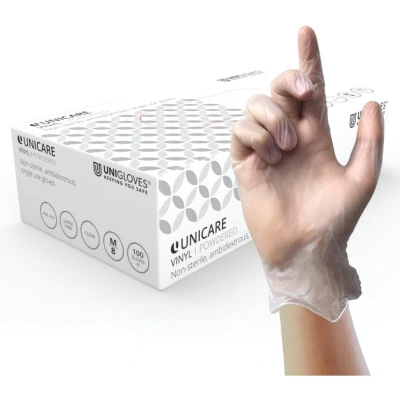 Image of Unigloves Unicare Clear Vinyl Examination Gloves Multipurpose, Lightly Powdered, Latex Free Disposable Box of 100 Gloves, Clear, Extra Small (GS0071)
