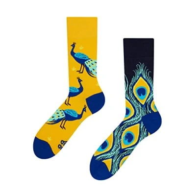 Image of Dedoles Unisex Socks for Women, Men &amp; Kids Cotton Funny Designs Football Bicycle Horses Plants Firefighter Gift Mismatched, Design: Wondrous Peafowl, Colour: Yellow, Size: 3 5 M / 2 4,5 W UK