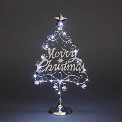 Image of SHATCHI 45cm Pre Lit Table Top Silver Merry Christmas Tree With Cool White LEDs Bells Star Festive Xmas Holiday Home Office Novelty Decorations