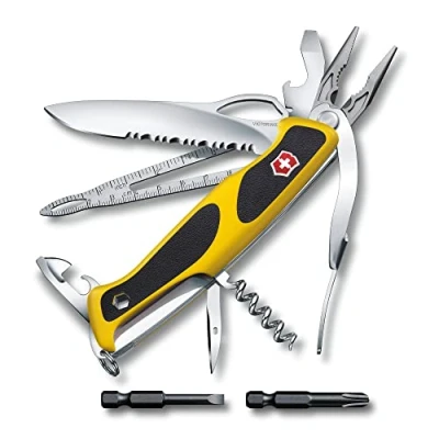 Image of Victorinox Ranger Grip Boatsman Swiss Army Pocket Knife, Large, Multi Tool, 22 Functions, Locking Blade, Case, Yellow/Black