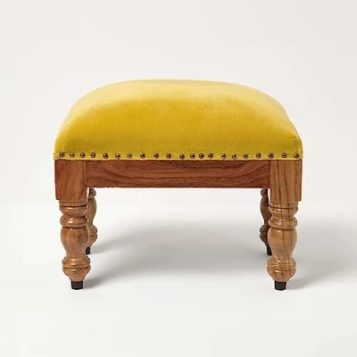 Image of HOMESCAPES Mustard Yellow Velvet Footstool 50 x 30 cm Rectangular Pouffe on Solid Wood Legs 40 Tall Ottoman Style Upholstered Footrest