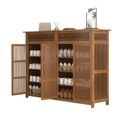 Image of Shoe Cabinet,shoe Storage Cabinet With 2 Pull Down Drawer, 4 Door,dustproof,130x35x99cm,Bamboo,Living Room, Bedroom, Hallway Wooden Cabinet.