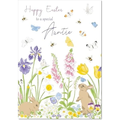 Image of doodlecards Auntie Easter Card Spring Flowers with Bunnies Medium Size Plain Envelope