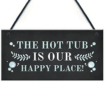Image of RED OCEAN Hot Tub Sign Happy Place Plaque Hanging Garden Summerhouse Home Decor