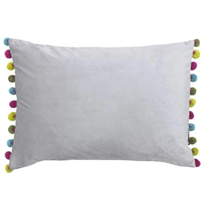 Image of Riva Paoletti Fiesta Rectangular Cushion Cover Dove Silver Multicoloured Pompom Edges Faux Velvet Reversible Zip Closure 100% Polyester 35 x 50cm ( 14&quot; 20&quot; inches)