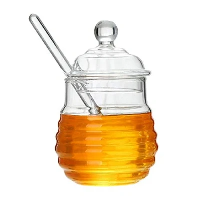 Image of GuDoQi Glass Honey Pot with Dipper, Jars Lids and Stick, 250ml Dispenser Container