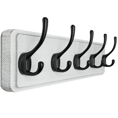 Image of SKOLOO Farmhouse Style Wall Mounted Coat Rack, Pine Solid Wood Hook Hanger 5 Hooks for Hanging Clothes Robes Towels Coats