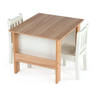 Image of Humble Crew Journey Children&#039;s Wood Table and 2 Chairs Set with Book Storage, Natural/White