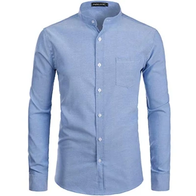 Image of PARKLEES Mens Hipster Design Grandad Collar Oxford Shirt Slim Fit Long Sleeve Casual Button Down Dress Shirts with Pocket Light Blue XXL