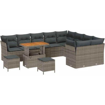 Image of vidaXL 12 Piece Garden Sofa Set with Cushions Grey Poly Rattan Acacia