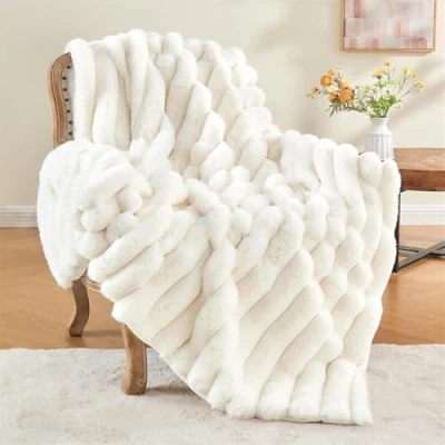 Image of LINGKY Faux Rabbit Fur Luxury Plush Throw Blanket Super Soft Cozy Fuzzy Fluffy Blankets Warm Bed Throws for Couch Sofa, Striped White, 100x160cm