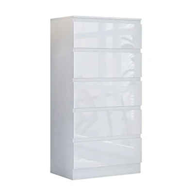 Image of FWStyle Scandinavian Style 5 Drawer Chest, 40 cm Length x 60 Width 121.5 Height, White Gloss