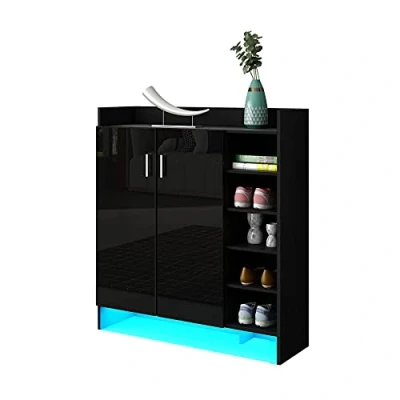 Image of AWOOOD Shoe Storage Cabinet Home Hallway Furniture 2 Doors w/Adjustable 4 Shelves Modern High Gloss Cupboard Footwear Rack Stand Organiser with LED Light Black