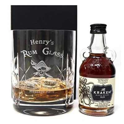 Image of Personalised Crystal Tumbler &amp; Miniature Rum Design (Kraken Spiced Rum, Cardboard Gift Box)