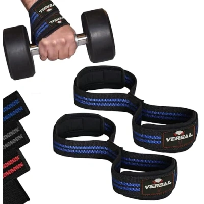Image of VERSAL Weight Lifting Straps Figure 8 Neoprene Padded Wrist Support Gym Heavy Duty Weightlifting Deadlift for Powerlifting Fitness Training Workout (Blue/Black)