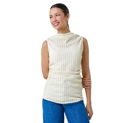 Image of Roman Originals Textured High Neck Sleeveless Stretch Top for Women UK Ladies Everyday Holiday Spring Summer Comfy Soft Evening Vacation Work Party Natural Size 20