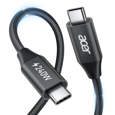 Image of acer 240W USB C Charger cable 3m, to [Aluminium+Nylon], Type PD Fast Charging for Laptop, iPhone 15/16 series, MacBook Air/Pro, iPad Pro, Surface Go/Pro, Galaxy S24/23, etc.