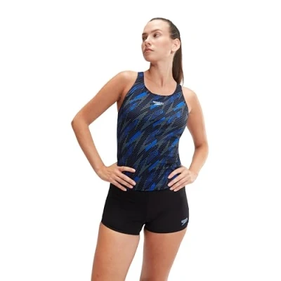Image of Speedo Women&#039;s Hyperboom Tankini Quick Drying Training Fitness Chlorine Resistant, Black/True Cobalt/Curious Blue, 28