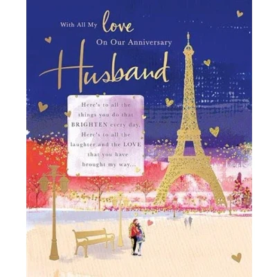 Image of Words &#039;n&#039; Wishes &#039;Husband&#039; Large Anniversary Card Eiffel Tower at Night City Scene Embossed with Foil &amp; Flitter Eco Friendly Made in Great Britain