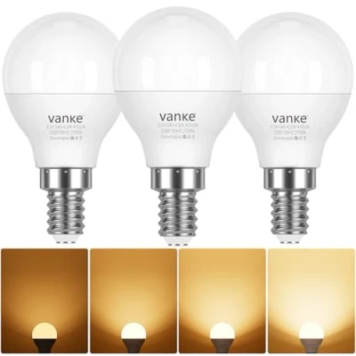 Image of Vanke E14 Dimmable Bulb, Warm White 2700K, 4.2W (40 Watts Equivalent), SES Small Screw Light 470 Lumen LED Golf Ball Bulbs, Pack of 3