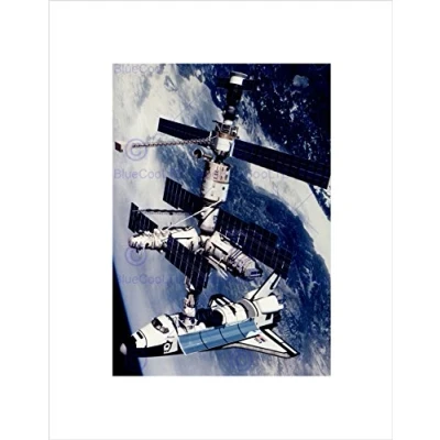 Image of Wee Blue Coo Space Shuttle Atlantis Docked Russian Mir Station Wall Art Print