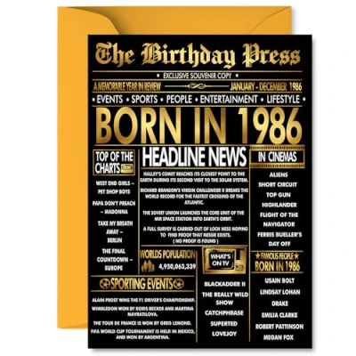 Image of Gold 39th Birthday Card for Men Women Black &amp; Golden Newspaper Born in 1986 Happy 39 Cards Husband Friend Uncle Auntie Nephew Sister, 5x7 Inch Bday Greeting