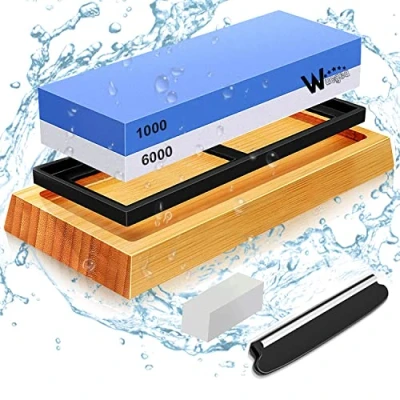 Image of Knife Sharpening Stone Kit 1000/6000 Grit Japanese Whetstone Sharpener Set with Non Slip Rubber Base Angle Guide Flattening for Kitchen Knives Chisel Axe Scissors