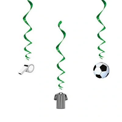 Image of 3D Soccer Hanging Swirl Decorations (66cm) Vibrant Assorted Designs Perfect for Sports Themed Parties Set of 3