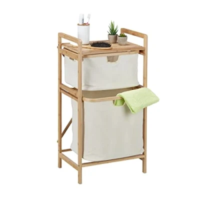 Image of Relaxdays Bathroom Basket Shelf, Bamboo, Laundry Sorter 2 Compartments, HWD: 85 x 44 33 cm, Storage, Natural/Beige