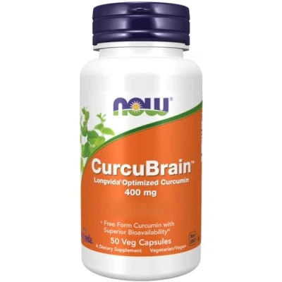 Image of Now Foods, CurcuBrain, Optimised Curcumin, 400mg, 50 Vegan Capsules, Lab Tested, Gluten Free, SOYA Vegetarian