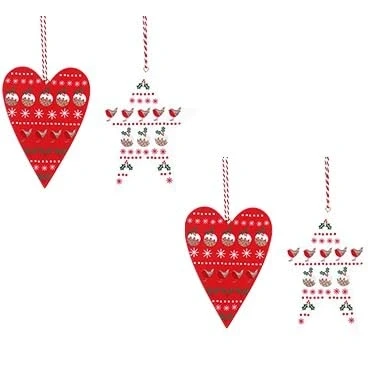 Image of Gisela Graham Wooden Nordic Heart &amp; Star Christmas Decoration, Set of 4