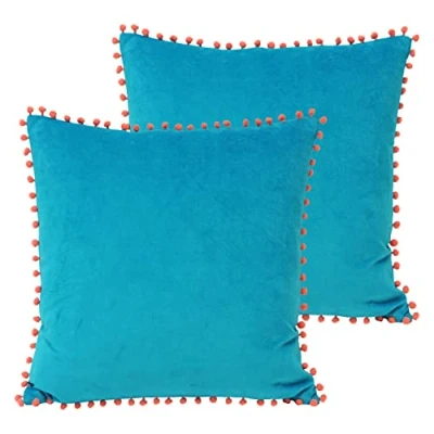 Image of Paoletti Velvet Pompom Cushions (Twin Pack) Teal Cotton One Size