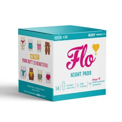 Image of FLO Organic Bamboo Sanitary Pads for Women with Wings, Biodegradable and Ultra Thin Towels 14 Night