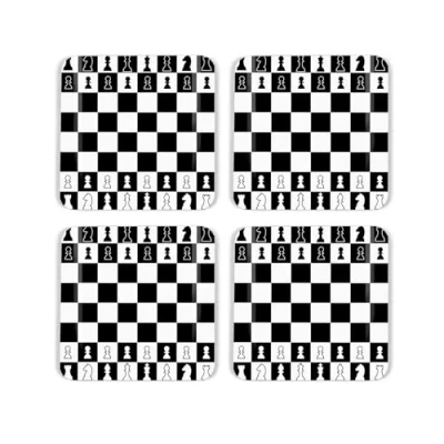 Image of Chess Board Cork Coaster Set Classic Game Gift of Four (4) Square Drinks Coasters