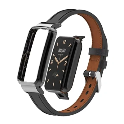 Image of T BLUER Compatible with Xiaomi Mi Band 7 Pro Strap,Mi Leather Replacement Bracelet Wristband Accessories Metal Frame for Smart Pro,Black